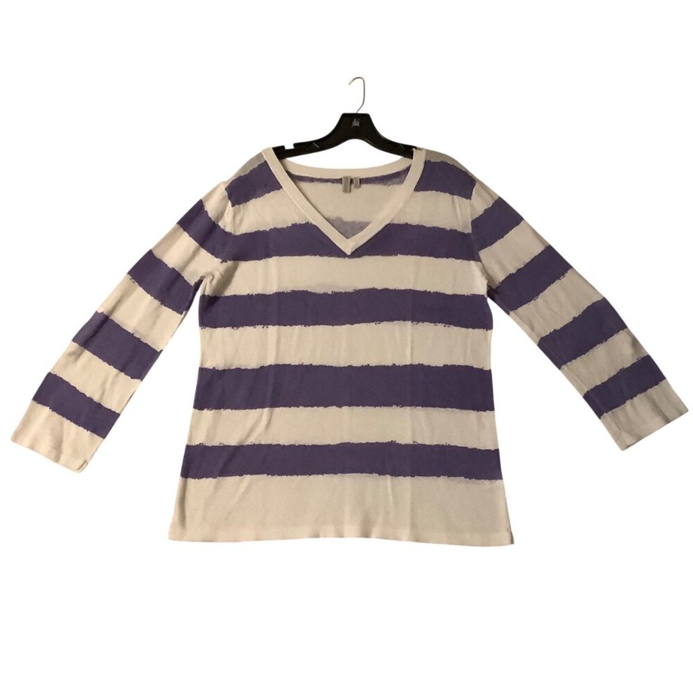 Madison Striped V-Neck Long Sleeve Sweater Women Large Linen Blend Roll Tab Slee